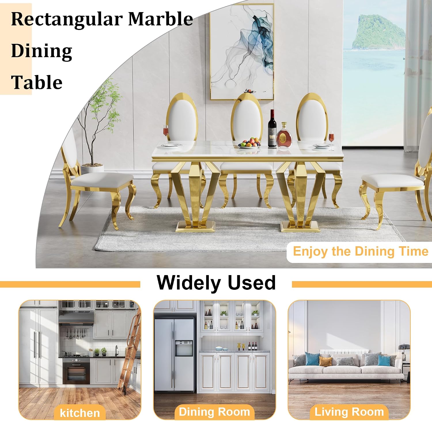 68' White Marble Dining Table for 6-8, Mid Century Modern Dining Table with Faux Marble Top & Gold Mirrored Dimaond Shape Stainless Steel Base, Luxury Rectangular Dinner Table for Kitchen Dining Room