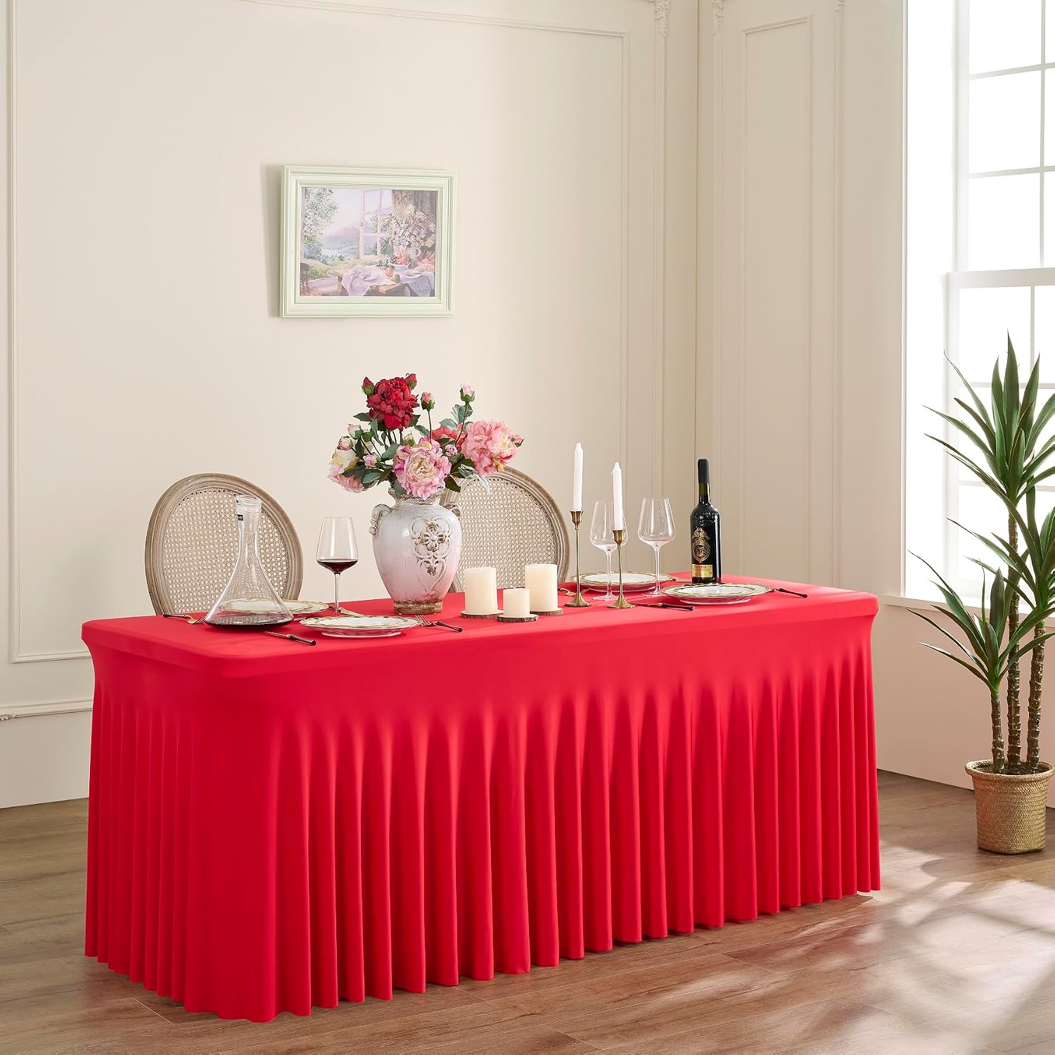 Outpain 6ft Spandex Polyester Blend Tablecloth for Standard Folding Tables - 6 Pack Red Table Protector for Party, Wedding, Banquet, Festival