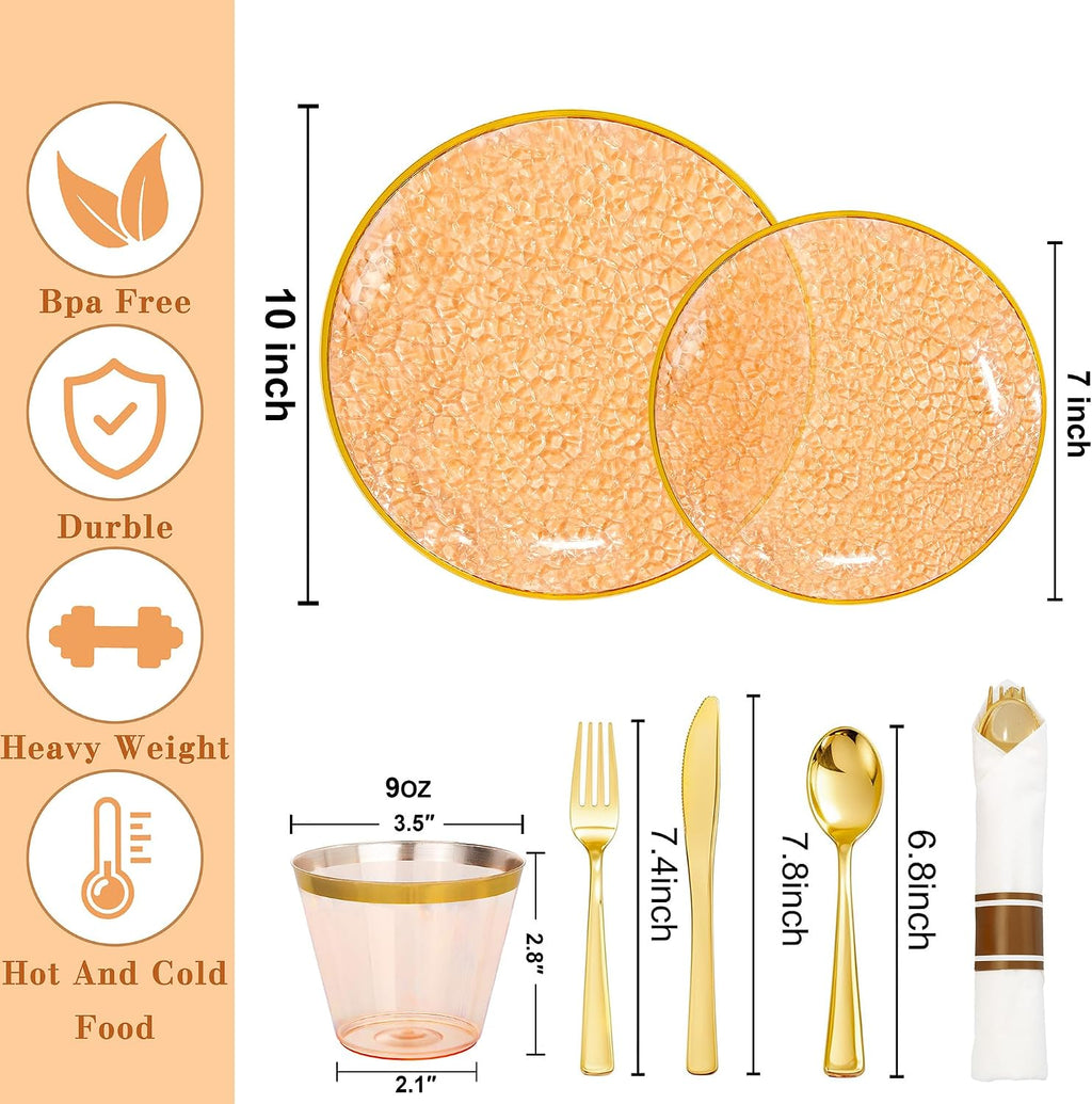 Rubtlamp 700Pcs Amber Gold Plastic Dinnerware Set, Hammered Clear Gold Plates, Fancy Plastic Plates Include 100 Dinner Platos, 100 Salad Platos, 100 Cups,100 Pack Pre Rolled gold plastic Silverware