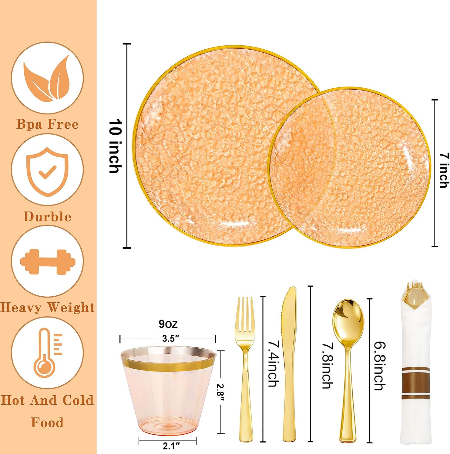 Rubtlamp 700Pcs Amber Gold Plastic Dinnerware Set, Hammered Clear Gold Plates, Fancy Plastic Plates Include 100 Dinner Platos, 100 Salad Platos, 100 Cups,100 Pack Pre Rolled gold plastic Silverware