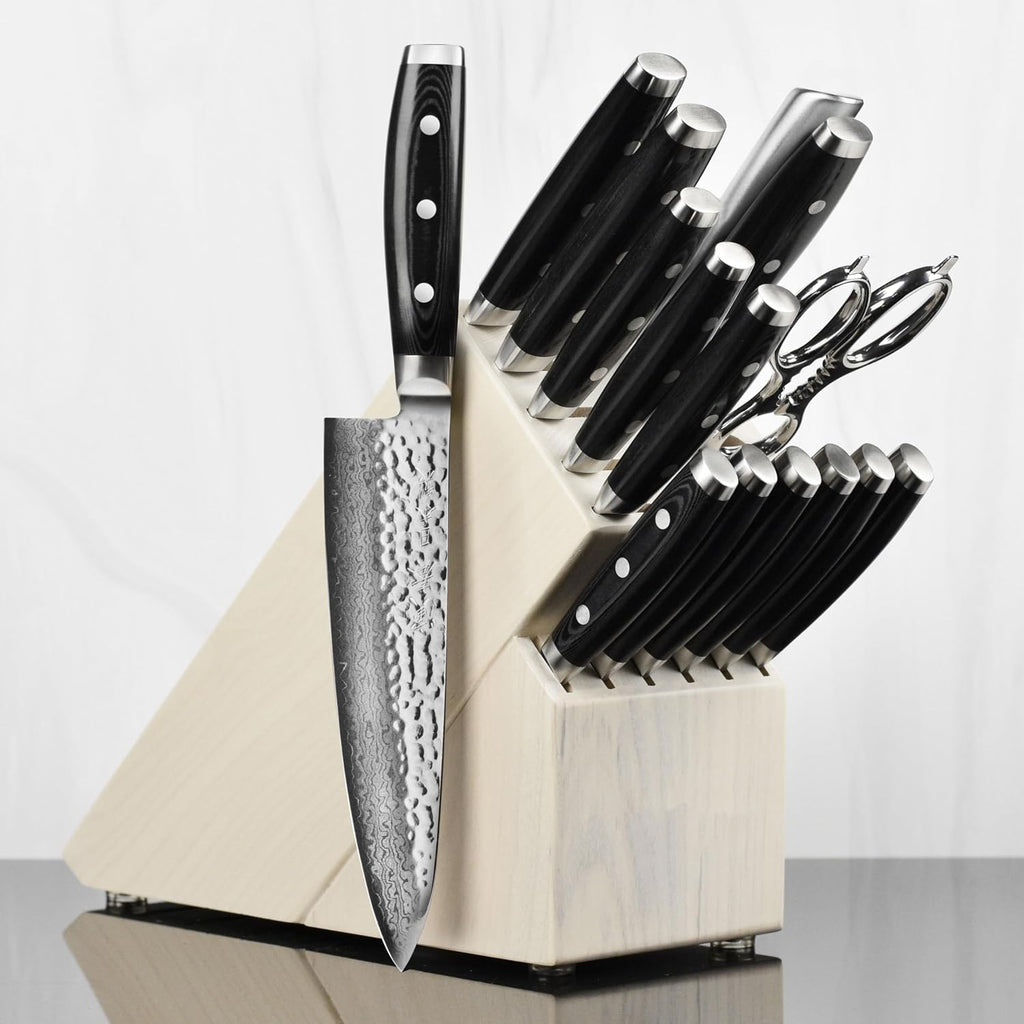 Enso HD 16 Piece Knife Set - Made in Japan - VG10 Hammered Damascus Stainless Steel with Gray Ash Block