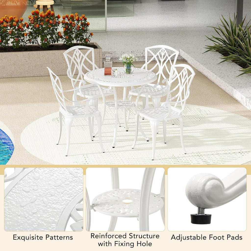 Tangkula 31.5' Cast Aluminum Patio Dining Table, Round Outdoor Bistro Table with 2' Umbrella Hole, Outdoor Side Table for Backyard, Lawn, Deck and Garden, White