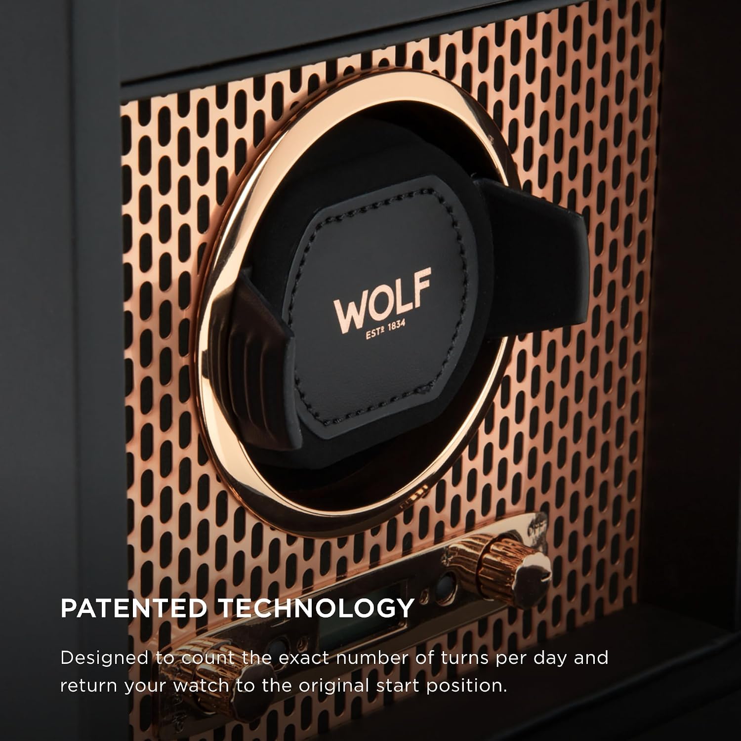 Wolf Axis Watch Winder with Storage - Secure Fit with Patented Lock-in Dynamic Cuff - Accommodates All Wrist Sizes - Vegan Leather - Includes Universal Adapter