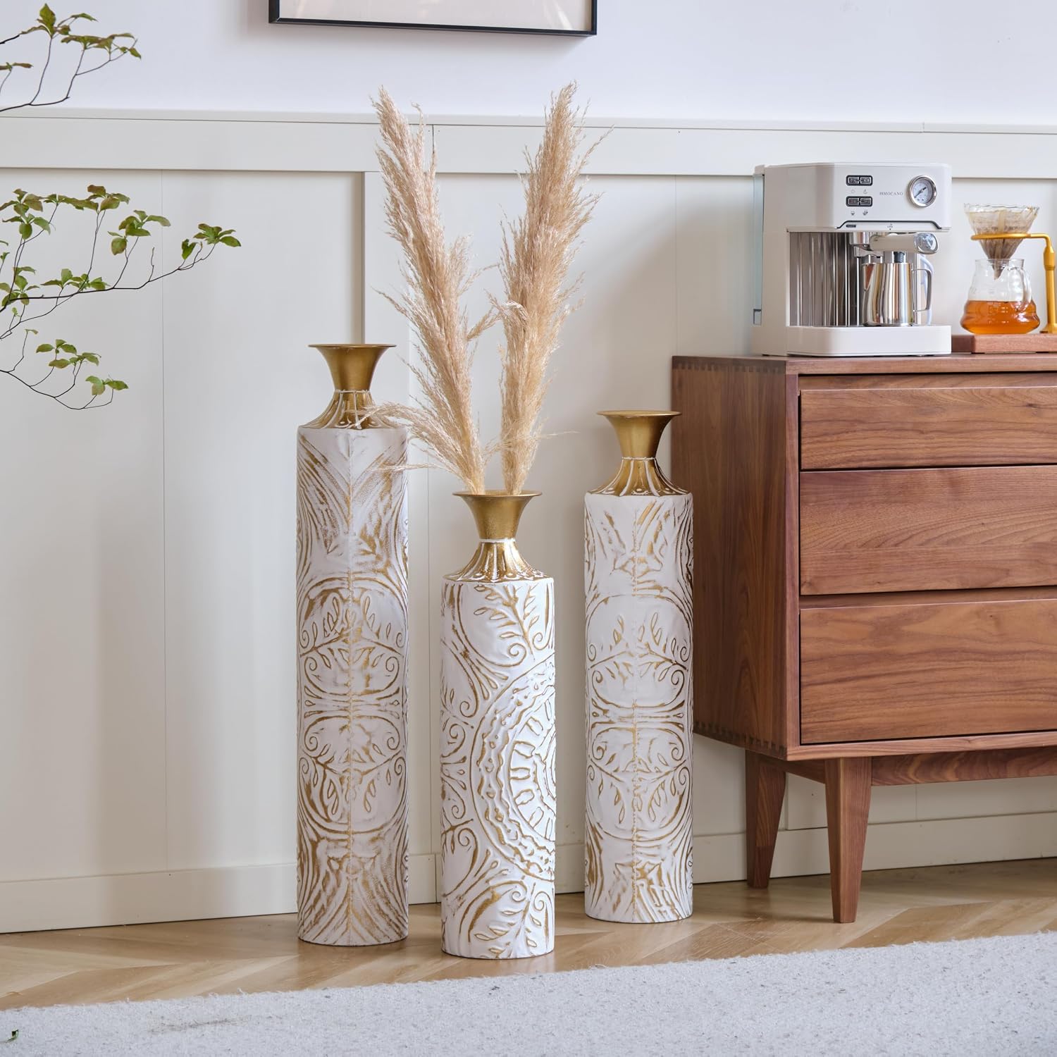 Floor Metal Decorated Vases Set of 3 for Gorgeous Home Decoration Large Glazed Metal Vases (Pampas+White)