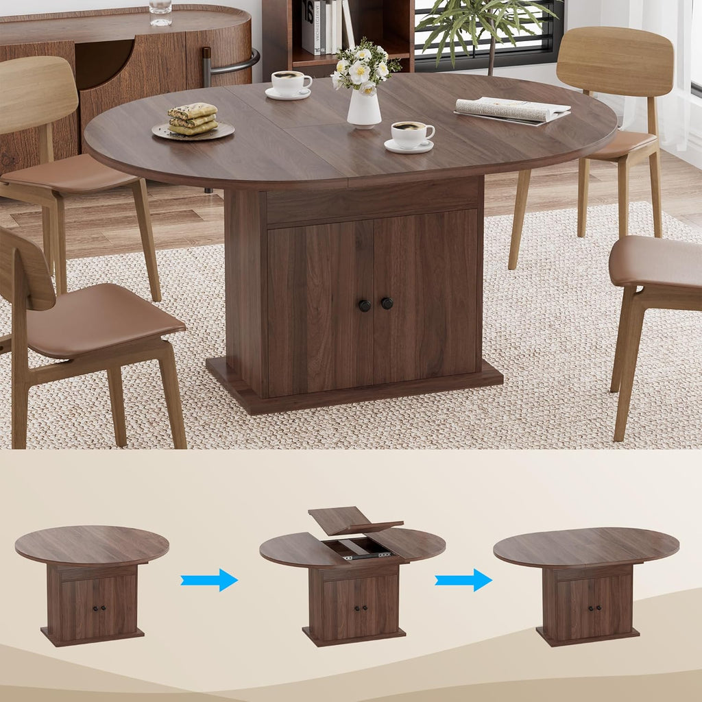 43.3in-59in Extendable Round Dining Table for 4-8, Modern Expandable Kitchen Oval Dining Table, Space Saving Circle Dining Room Table with Storage Shelf for Kitchen Living Room