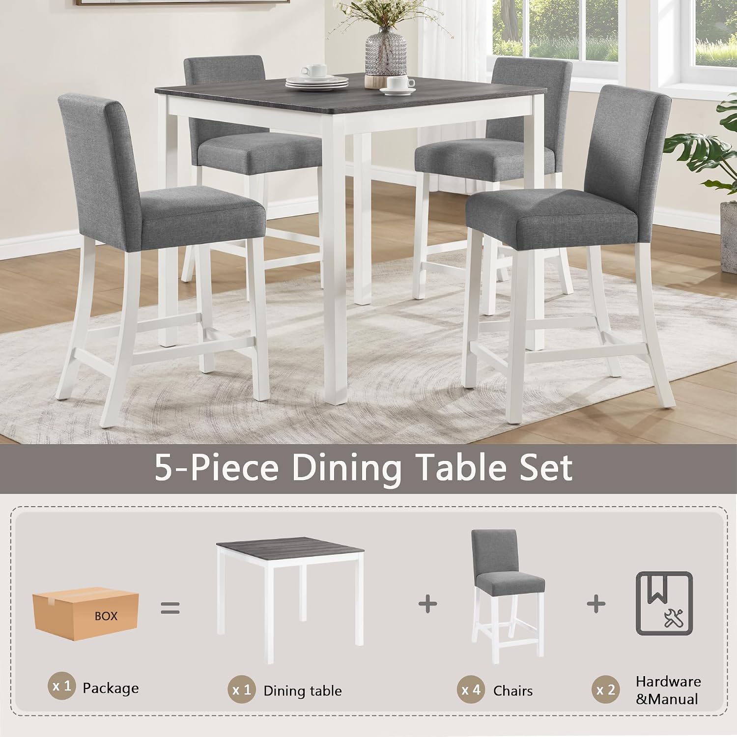 LUMISOL 5-Piece Dining Table Set, Farmhouse Counter Height Dining Table Set with 4 Upholstered Chairs, Wooden Table and Chairs Set for Kitchen, Dining Room, Grey+White