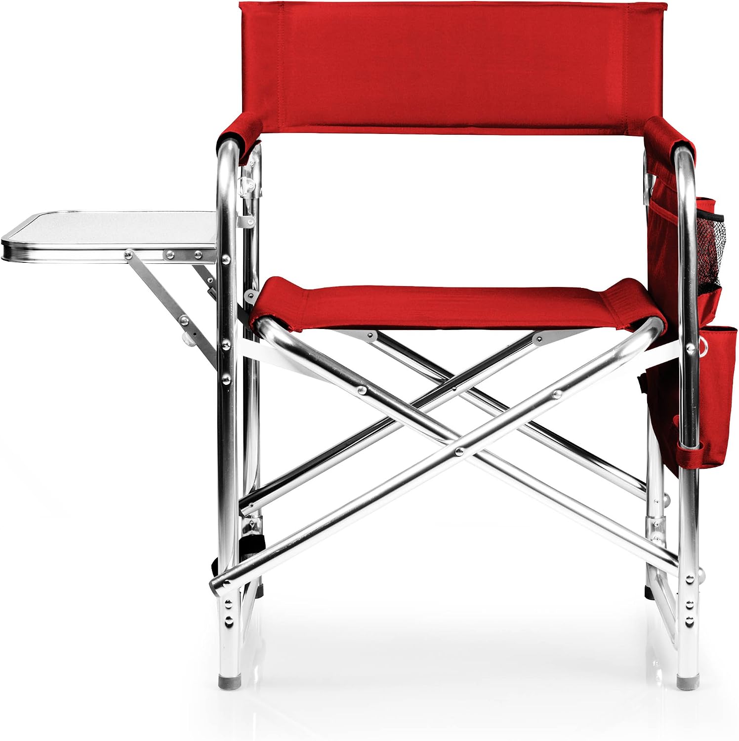 PICNIC TIME Sports Chair with Side Table and Armrest Caddy, Lightweight Aluminum Folding Outdoor Camping Chair for Adults, Portable Director Style Lawn Seating with Pockets & Carry Strap, (Red)