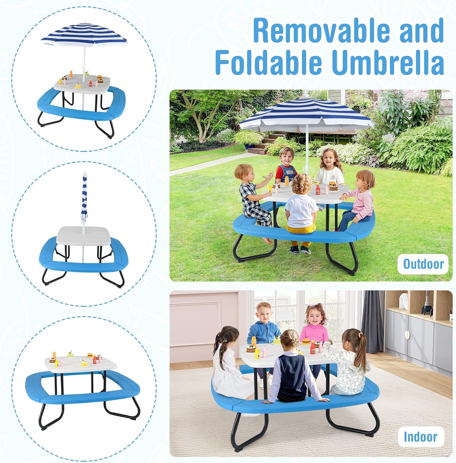 HONEY JOY Kids Picnic Table, 8 Person Toddler Outdoor Table and Chair Set, 4 Built-in Benches, Removable Umbrella, Metal Frame & HDPE Top, Children Outdoor Furniture for Backyard Patio Garden (Blue)