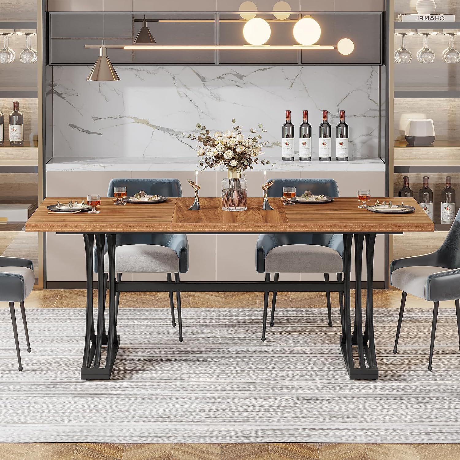 Tribesigns 63-Inch Rectangular Dining Table for 4 to 6, Modern Kitchen Table with Stylish Metal Trestle Legs, Large Dinner Table for Dining Room, Chair Not Included (Rustic Brown and Black)