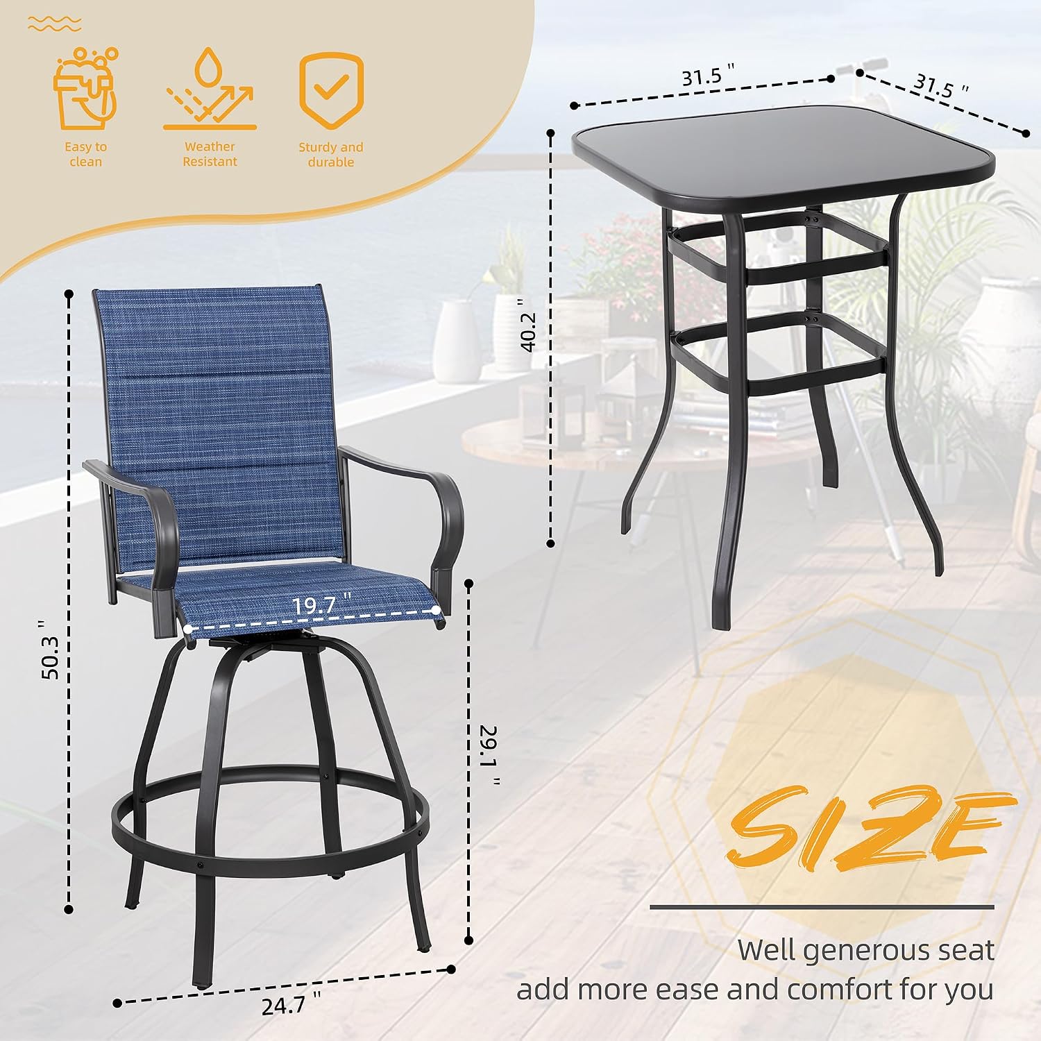 Shintenchi 5 Piece Patio Swivel Bar Stools Set, Outdoor Patio Bar Table and Chairs Set, All Weather Bar Height Chairs Set of 4, High Top Bistro Set Furniture for Balcony, Backyard, Padded Deep Blue