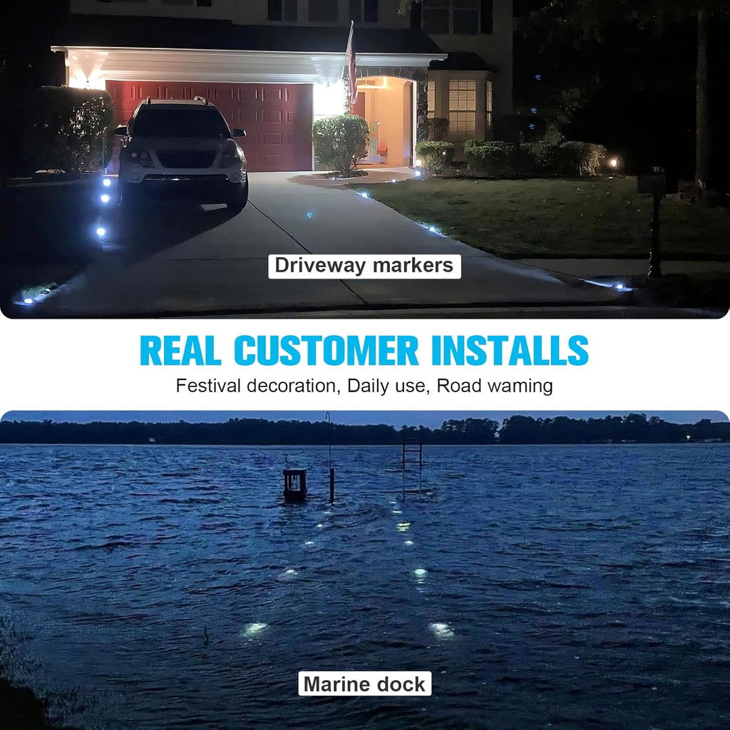 VOLISUN Solar Deck Lights Driveway Dock Lights, 16-Pack Led IP68 Waterproof Outdoor Warning Step Lights for Driveway Sidewalk Garden Pathway Yard(White, Auto On/Off