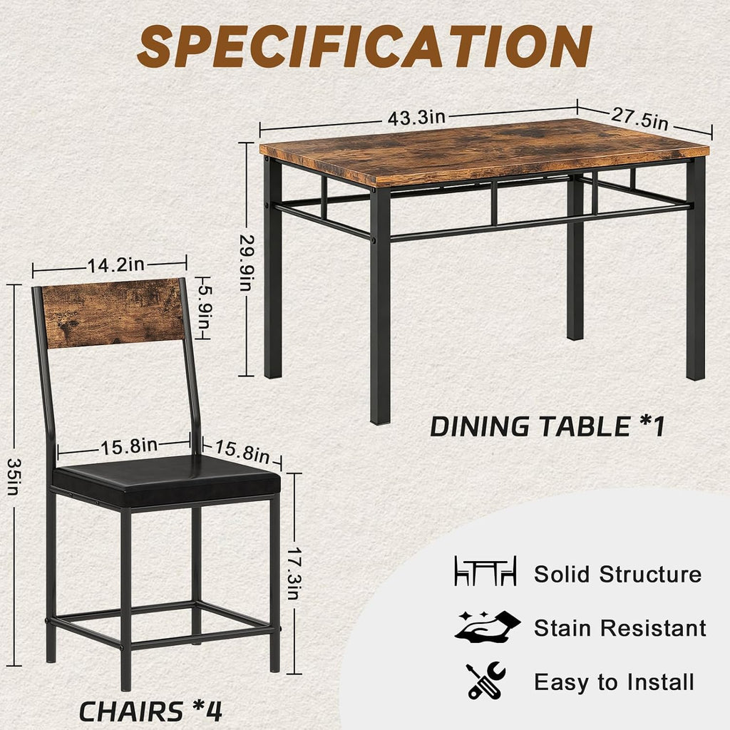 Dining Table Set for 4, Wood Industrial Style Kitchen Table with Upholstered Chairs, Kitchen Table and Chairs Set, Space-Saving Dining Room Set for Breakfast Nook and Small Spaces, Rustic Brown