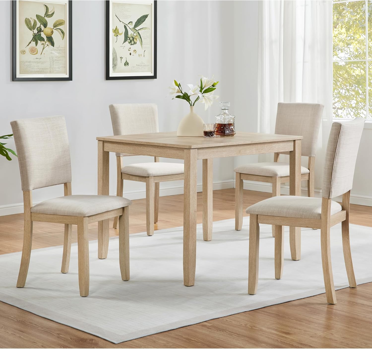 KEIKI 5-Piece Standard Height Dining Table Set with Square Table, 4 Upholstered Curved Backrest Chair, for 4 Person, Modern Style Table Set, Easy Assembly, for Kitchen, Dining Room, Light Oak+Beige