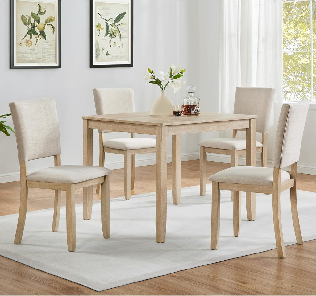 LUMISOL 5-Piece Dining Table Set, Farmhouse Wood Kitchen Table Set with 4 Upholstered Chairs for Kitchen, Dining Room, Living Room, Light Oak+Beige