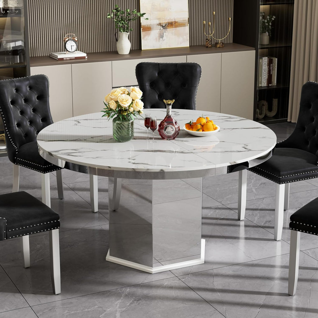 47'-63' Round Extendable Dining Table for 4-6, Modern Expandable Kitchen Table with White Faux Marble Top & Silver Mirrored Hexagon Base, Luxury Faux Marble Dining Room Table for Family Gathering