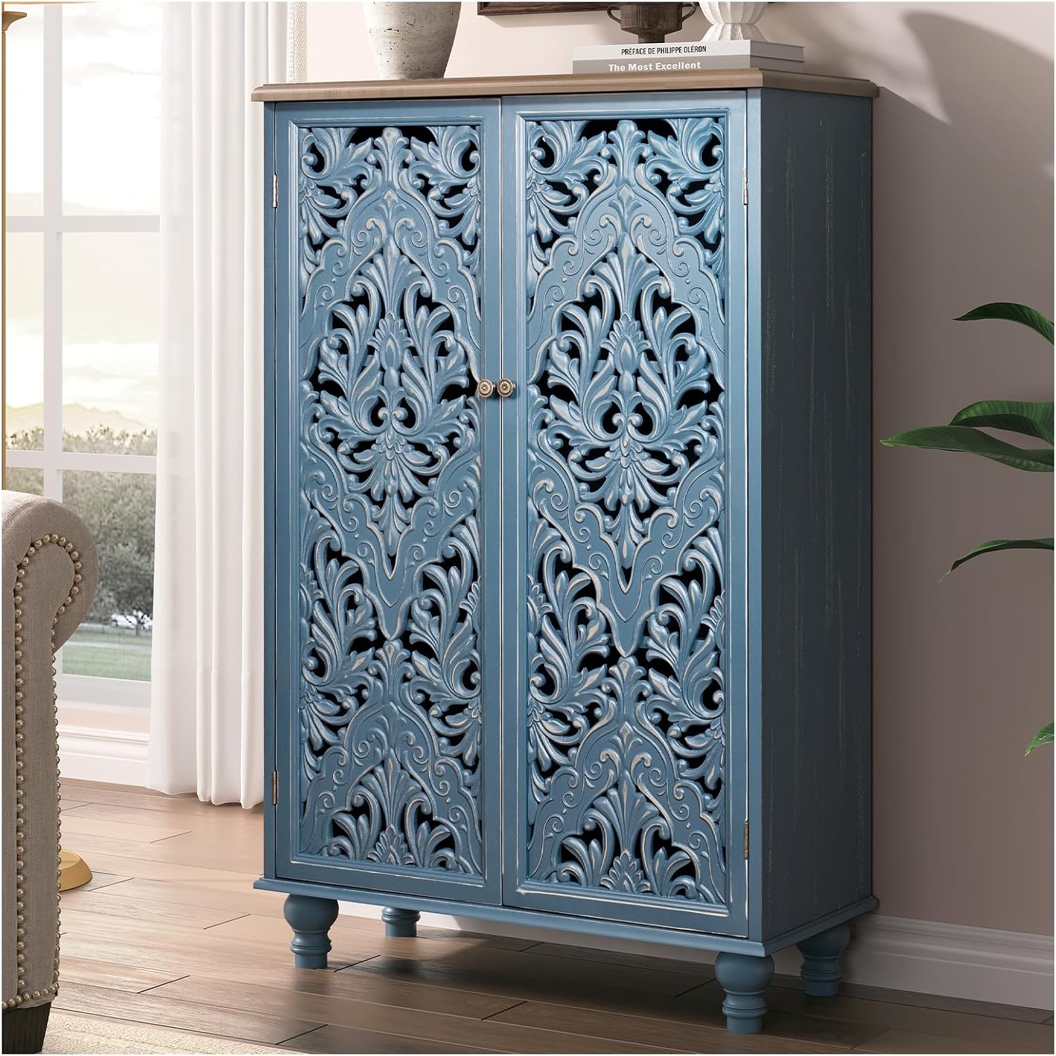 JOINICE 47' Tall Accent Cabinet with Doors and Shelves, Storage Cabinet with Solid Wood Legs for Living Room,Entryway,Dining Room,Bedroom(Blue & Walnut)