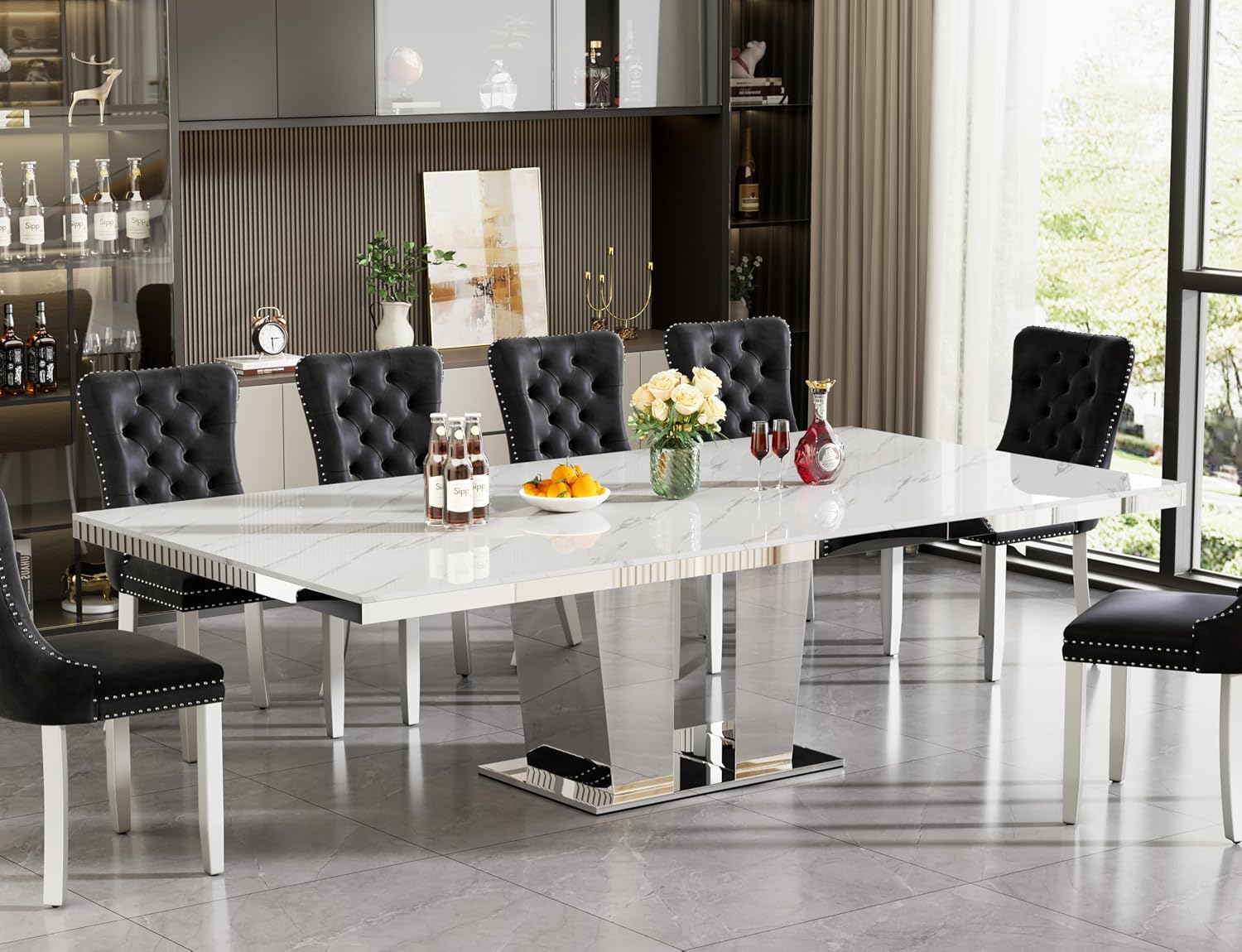 94 inch Extendable Dining Table for 6 8 10, Modern Expandable Kitchen Table with White Faux Marble Top & Silver Mirrored Base, Large Luxury Faux Marble Dining Room Table for Dinner Family Gathering