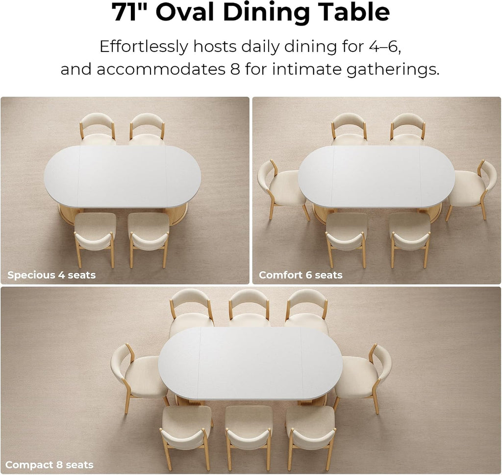 IRONCK 71' Oval Dining Table for 4-8, Modern Farmhouse Dining Table with Hidden Storage & Fluted Base, 1.6' Thick Faux Quartz Top, Dinner Table for Dining Room Kitchen Home Office, Oak