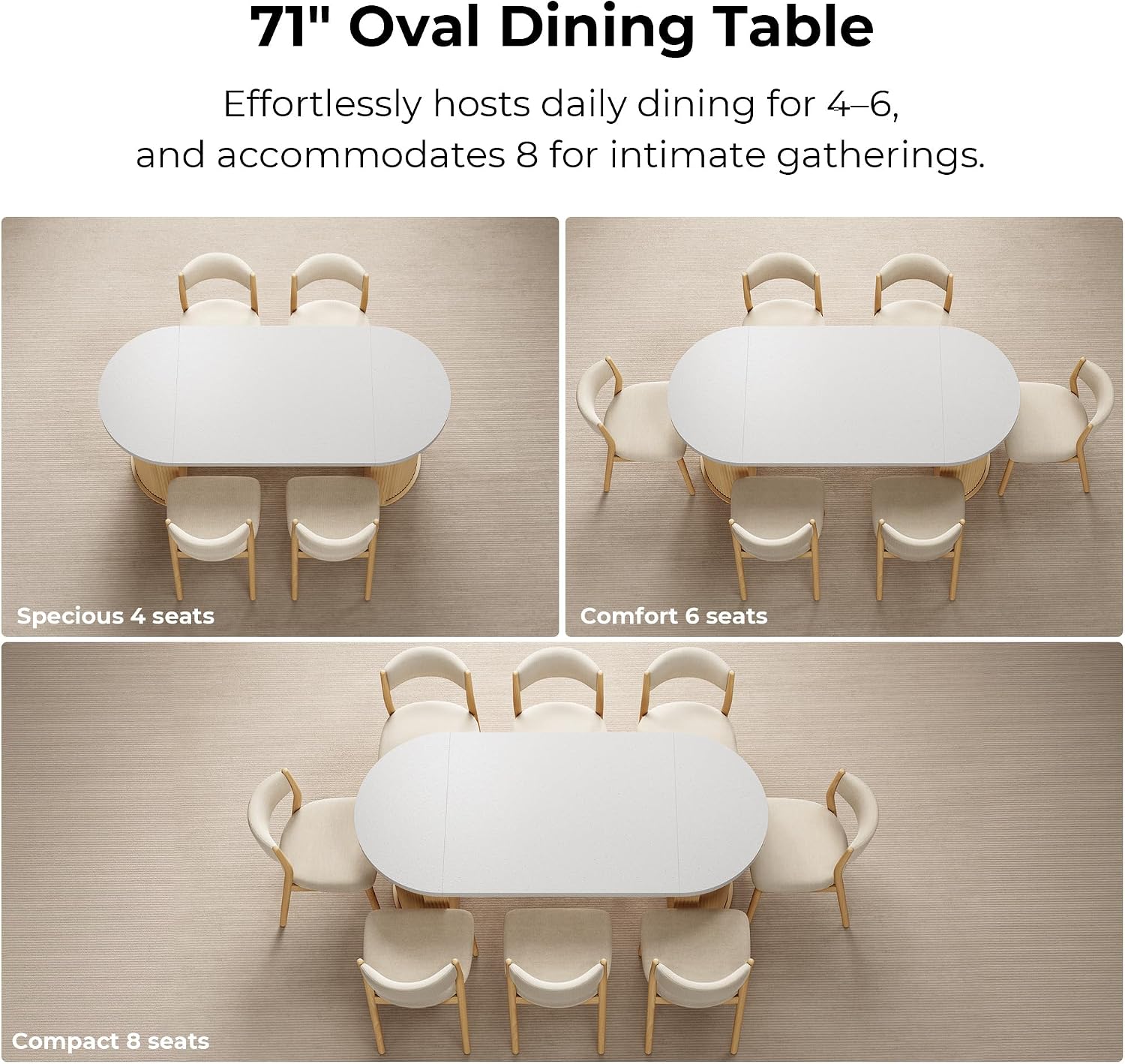 IRONCK 71' Oval Dining Table for 4-8, Modern Farmhouse Dining Table with Hidden Storage & Fluted Base, 1.6' Thick Faux Quartz Top, Dinner Table for Dining Room Kitchen Home Office, Oak
