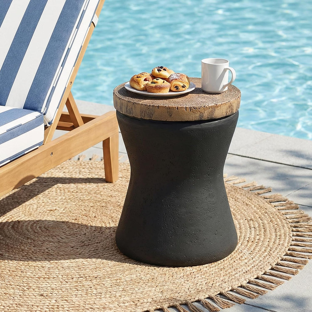 HOMPUS Outdoor Concrete Side Table Sets of 2, 2 Pieces Black Round Patio End Table, Small Outdoor Accent Table, Hourglass Shaped Garden Stool for Patio, Outside, Black