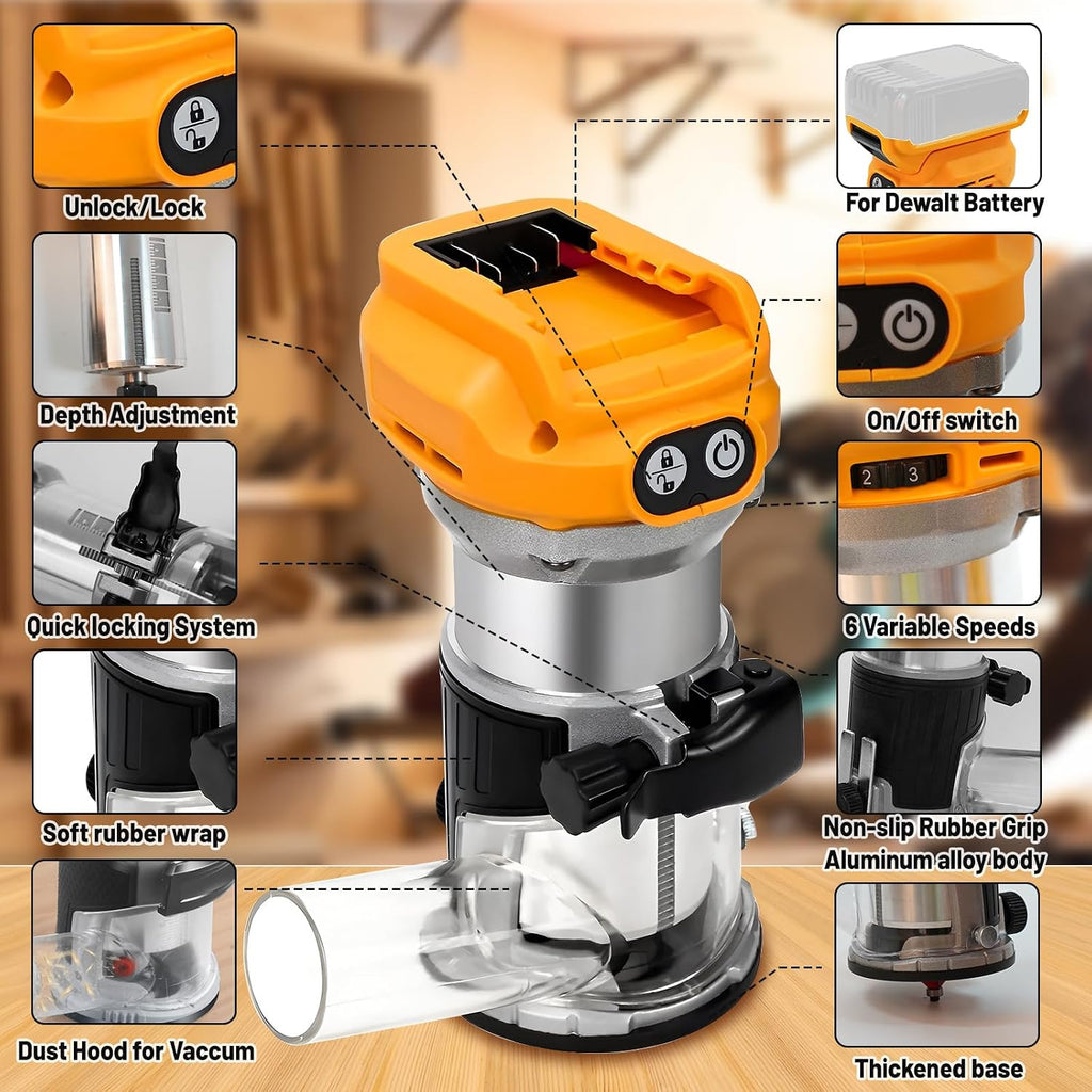 Cordless Power Router for DeWalt 20V Battery (Bare Tool), Brushless Trim Router with 15PCS 1/4' Bits, 6 Variable Speeds Router Tool for Woodworking, 800W 10000-30000min/r