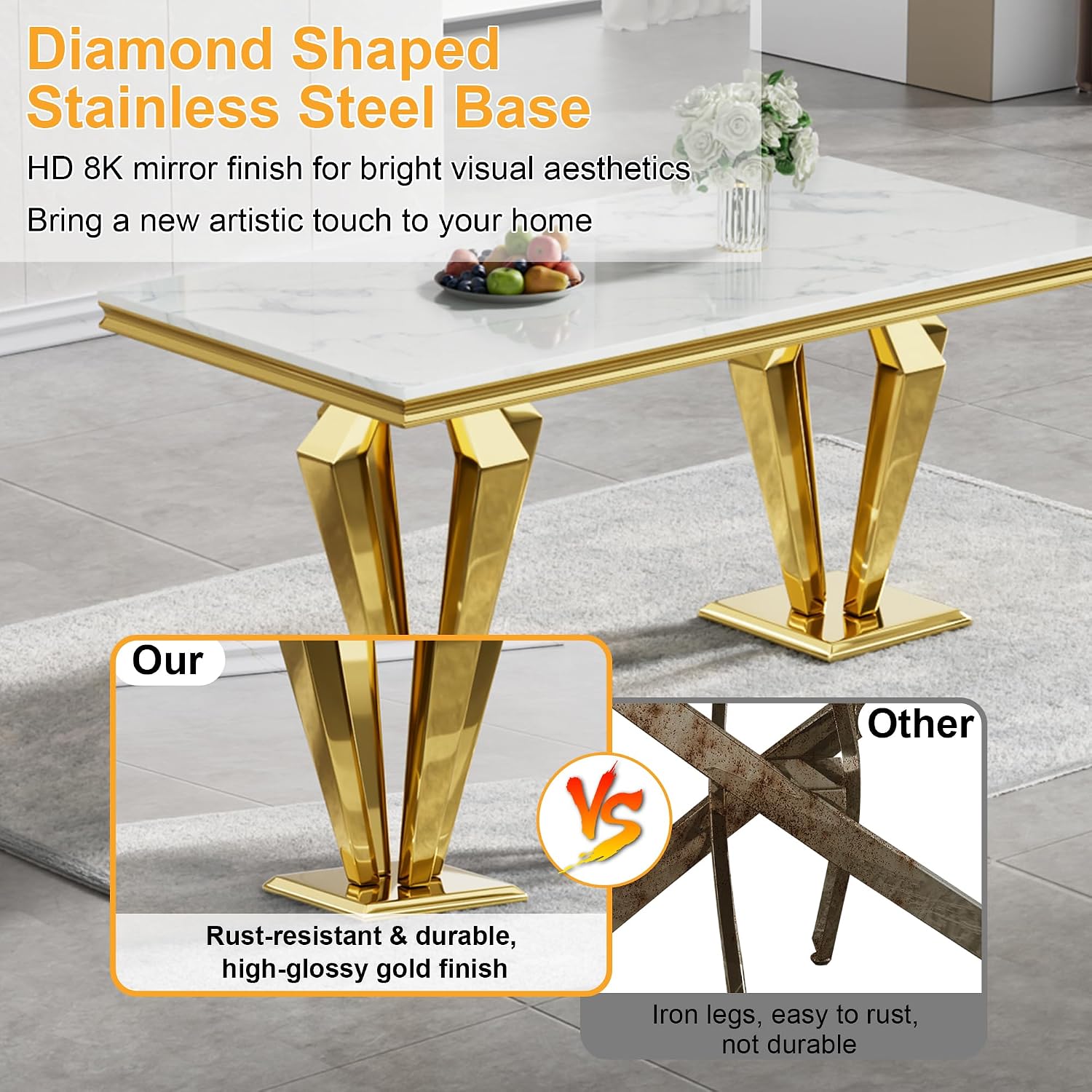 68' White Marble Dining Table for 6-8, Mid Century Modern Dining Table with Faux Marble Top & Gold Mirrored Dimaond Shape Stainless Steel Base, Luxury Rectangular Dinner Table for Kitchen Dining Room