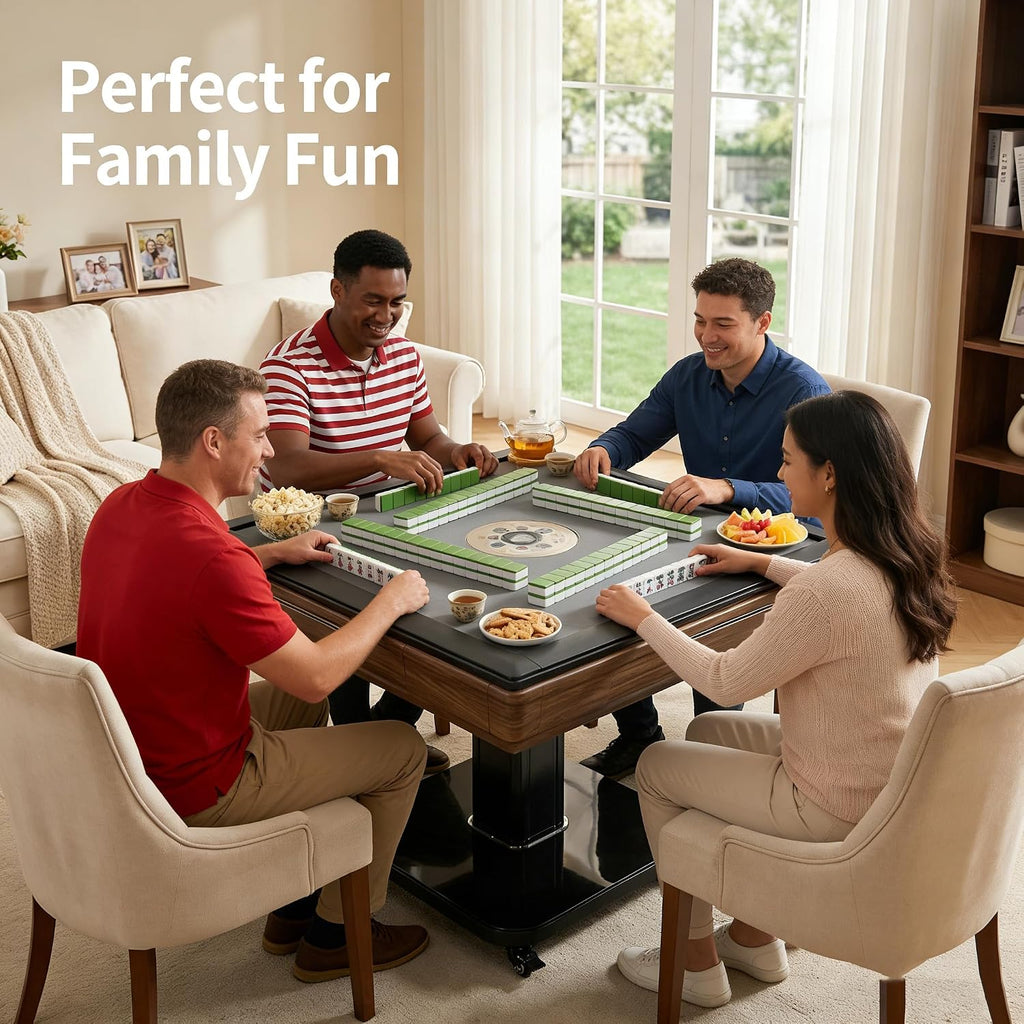 Foldable Ultra-Thin Automatic Mahjong Table with Wheels, Mahjong Table Set with American Chinese & Filipino Style 42mm Numbered Tiles (with Hard Table Cover)