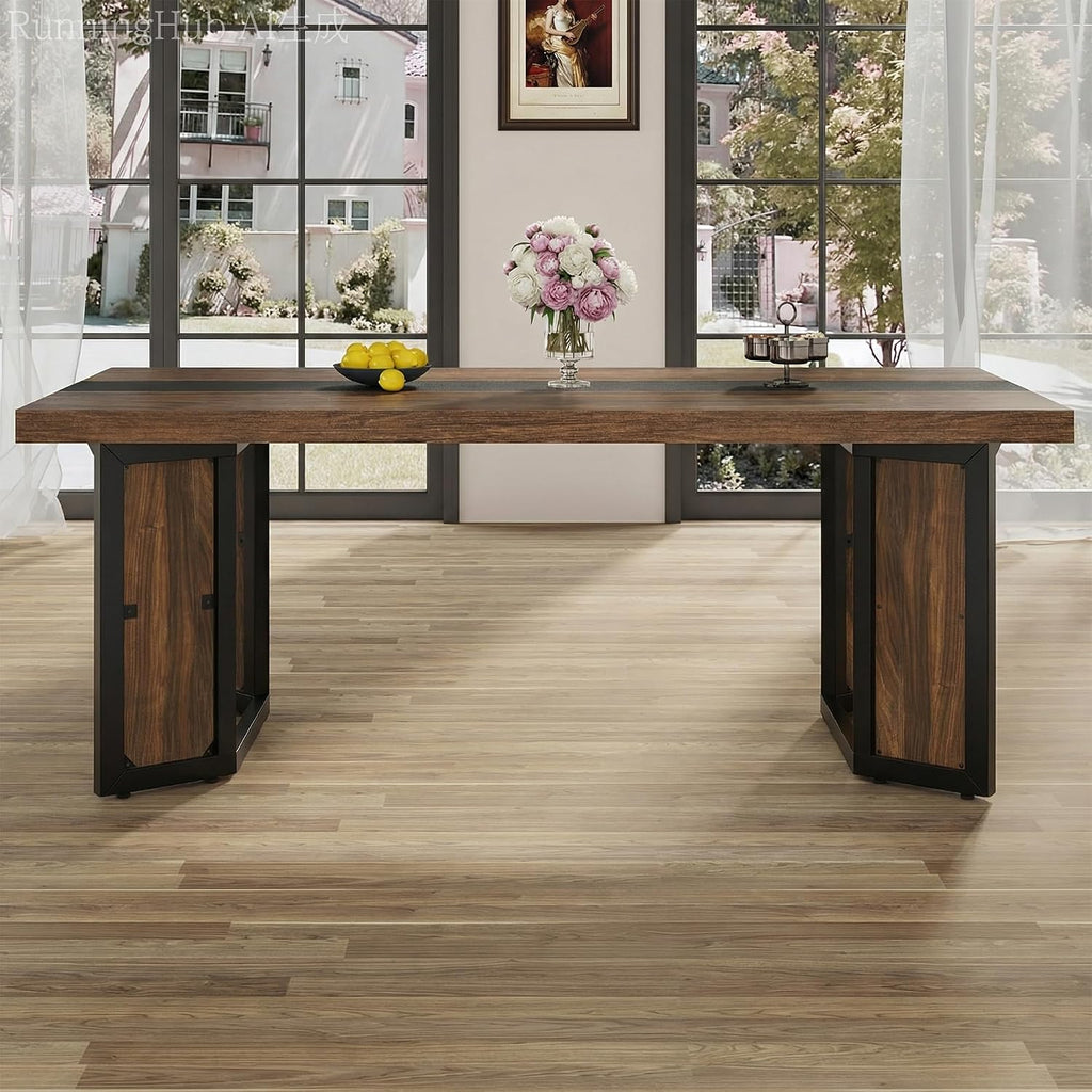 Industrial Dining Table for 6-8 People, 71' Large Long Wooden Kitchen Table with Sturdy Metal Frame & Brown Finish, Rustic Style Rectangular Dinner Table for Dining Room, Kitchen (Reddish Brown )