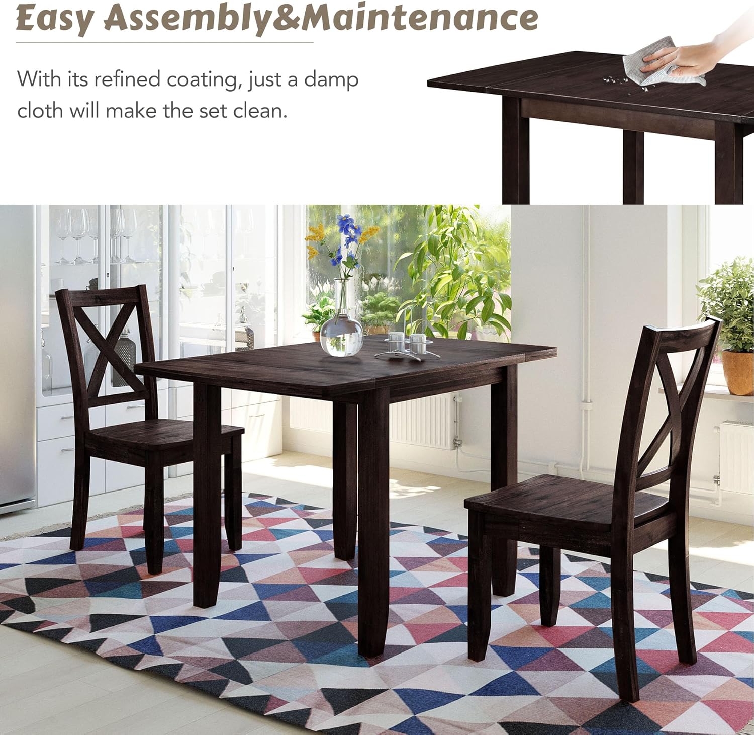 LUMISOL 3-Piece Drop Leaf Dining Table Set for 2, 3-Piece Extendable Bar Table Set with 2 Chairs for Small Spaces, Easy Assembly Home Furniture, Espresso