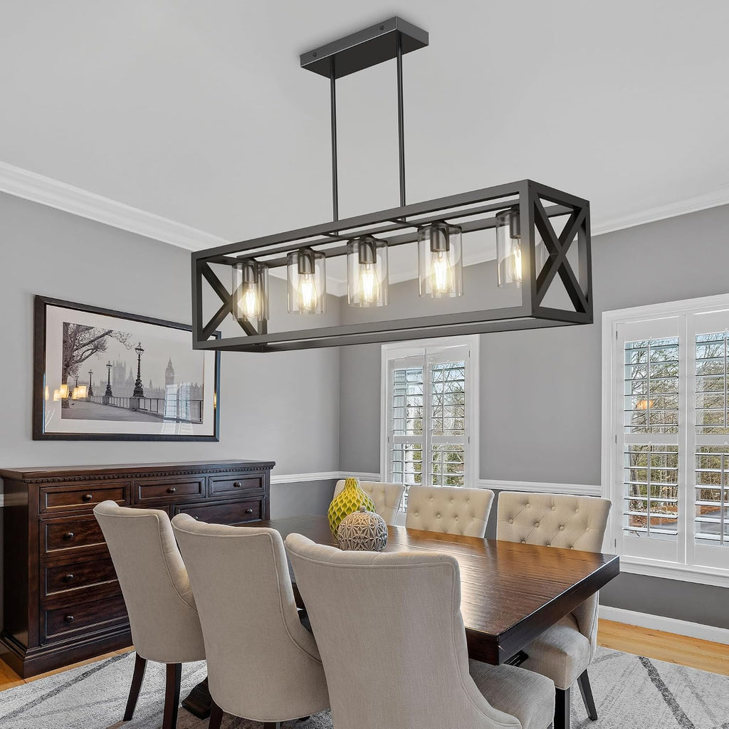 Farmhouse Dining Room Light Fixture - 5 Light Matte Black Rectangle Light Fixture with Adjustable Height & Thickened Metal Dining Table Fixture Chandeliers for Dining Room&Kitchen Island