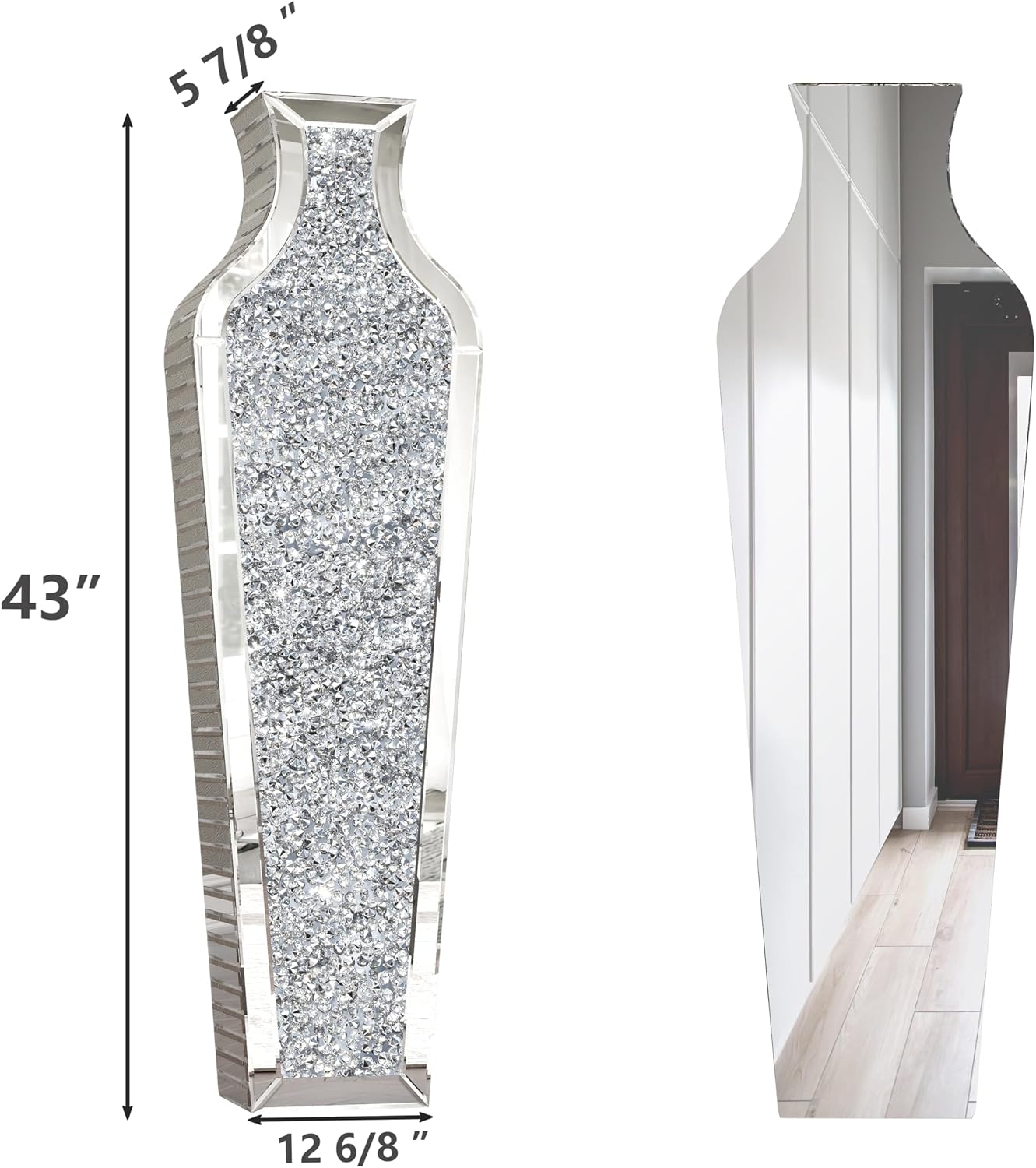 SHYFOY 43' Extra Large Floor Vase Oversized Crushed Diamond Mirrored Vase Silver Big Crystal Vases for Home Decor Living Room Floor
