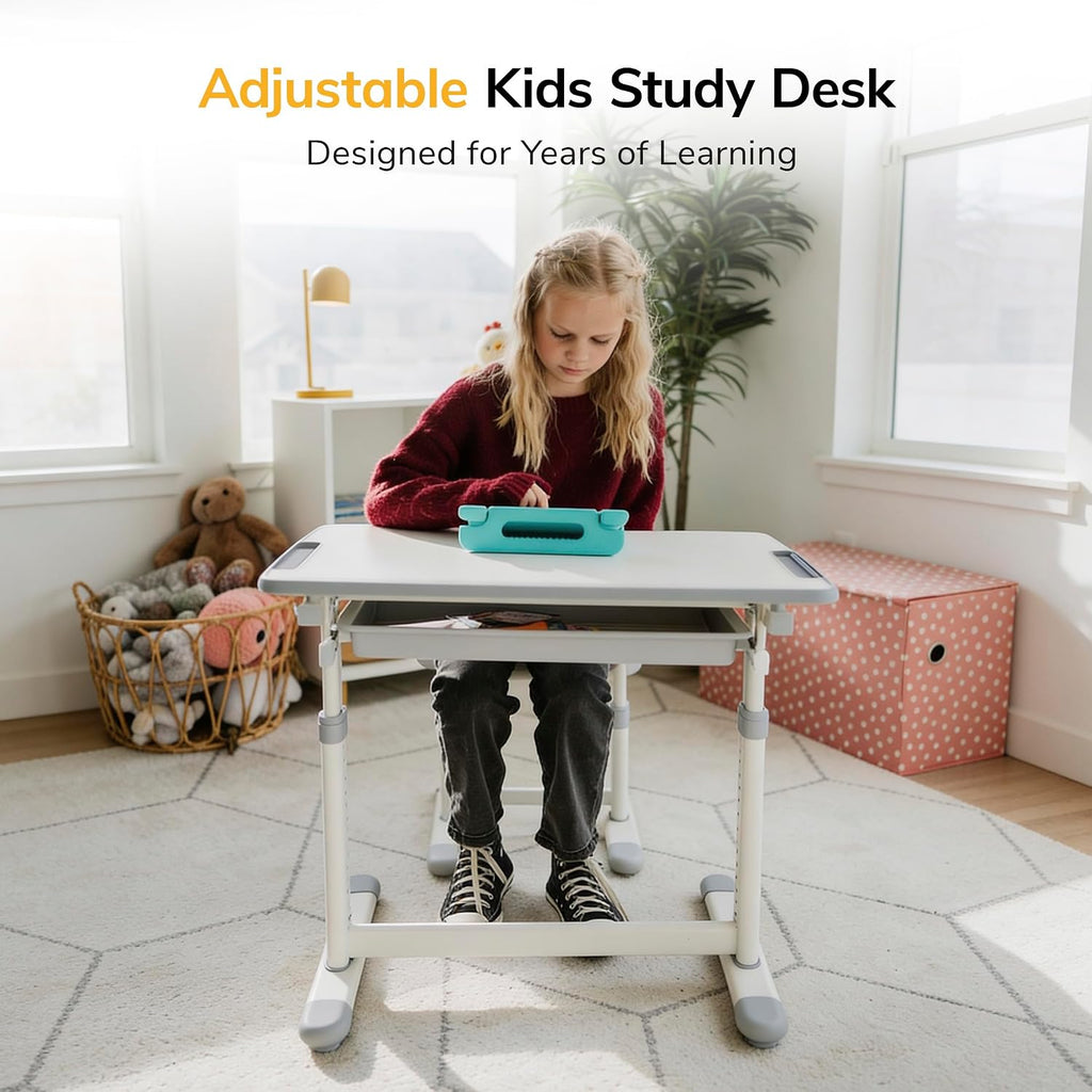 Mount-It! Kids Desk and Chair Set Height Adjustable up to 30' Ergonomic for School - Table and Chairs for Student 26' x 18' Tabletop with Pencil Drawer, 3-10 Age Children, Grey