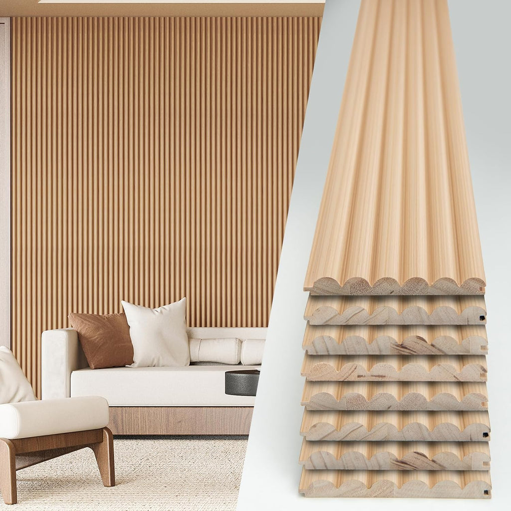 Art3d Fluted Wood Panel - 108 x 5.7 x 0.7in for Wall & Ceiling, Beaded Accent Molding for Home Decoration, Pack of 8pcs + 1pc End-Trim, Beaded Oak