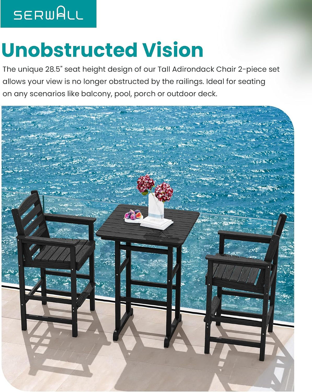 SERWALL 5 Pieces Outdoor Patio Bar Set, Oversize Tall Adirondack Bar Chair and Table Set, Black