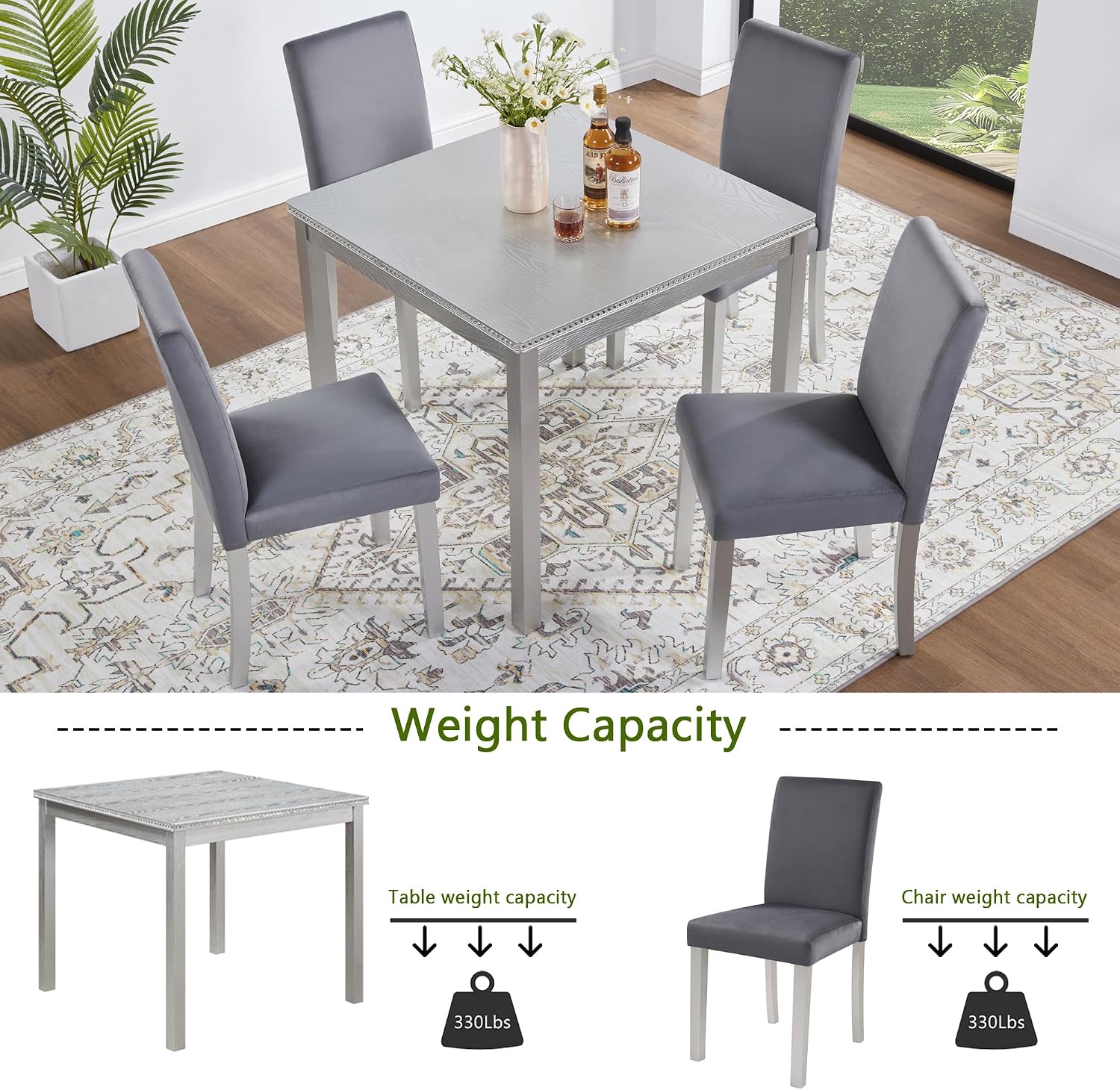 LUMISOL 5 Piece Wooden Dining Table Set, Farmhouse Kitchen Table Set with a Square Table and 4 Upholstered Chairs, Dining Room Table with Crystal Decoration and Chairs Set, Sliver Grey