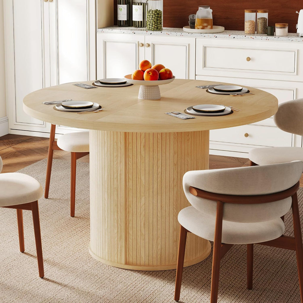 47 inch Round Dining Table for 4-6, Dinner Table with 2-Layer Storage Shelf, Morden Circle Kitchen Table with Wooden Strip Base and Wood Slide Door for Home Dining Room, Living Room, Natural