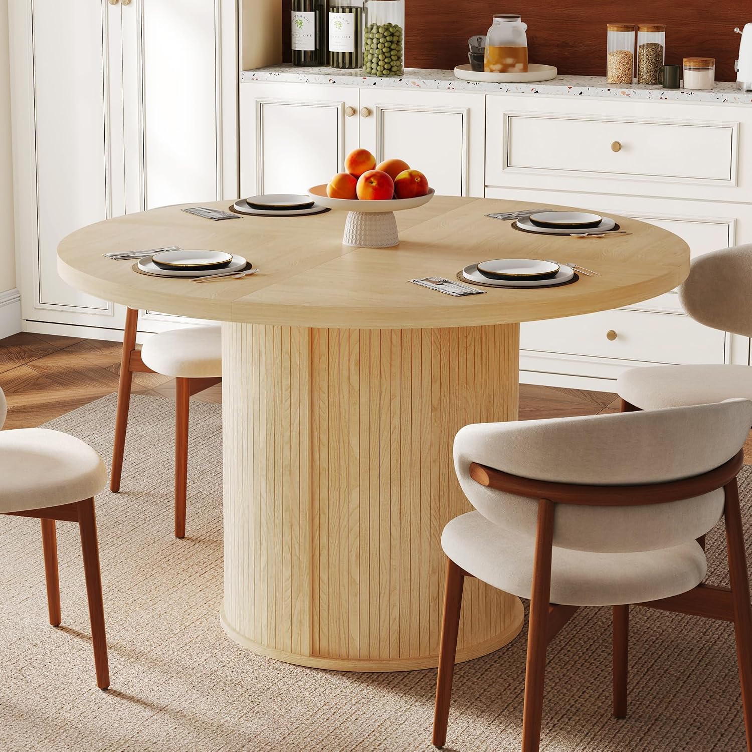 47 inch Round Dining Table for 4-6, Dinner Table with 2-Layer Storage Shelf, Morden Circle Kitchen Table with Wooden Strip Base and Wood Slide Door for Home Dining Room, Living Room, Natural