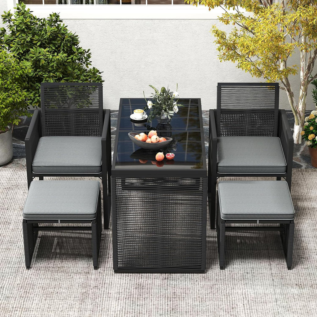Tangkula 5 Pieces PE Wicker Patio Dining Set, Outdoor Conversation Set with Cushions, Space-Saving Patio Rattan Chair and Tempered Glass Table Set with Ottomans for Garden, Backyard & Poolside