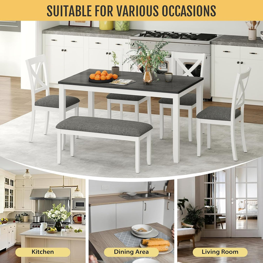 Zevemomo 6-Piece Solid Wood Dining Table Set, Including 1 Dining Table, 4 Upholstered Chairs and 1 Bench, Wooden Legs Dining Table Set for Dining Room, Kitchen, Restaurant, White