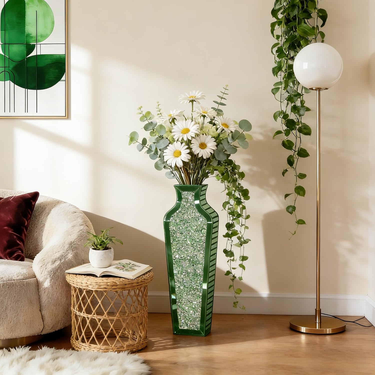 SHYFOY Green Crushed Diamond Floor Vase, Large Mirrored Tall Vases for Floor, Modern Glass Decorative Vases for Living Room Bedroom Home Corner Indoor Office, 26.8' Tall