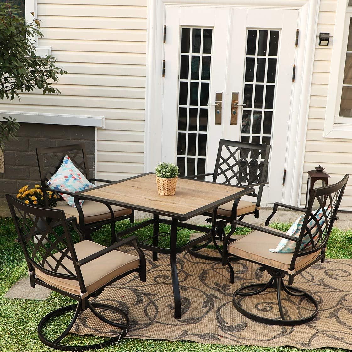 PHI VILLA 37' x 37' Patio Dining Table Outdoor Dining Furniture Umbrella Table with 1.57' Umbrella Hole, Steel Frame with Premium PVC Table Top for Patio, Lawn Garden