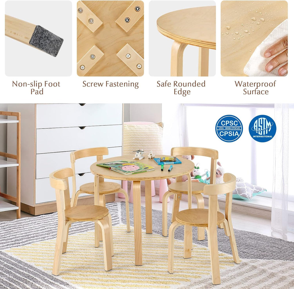 Costzon Kids Table and Chair Set, 5-Piece Wooden Activity Desk Set w/Toy Bricks, Classroom Playroom Daycare Furniture for Playing, Drawing, Reading, Bentwood Toddler Table and Chairs (Natural)