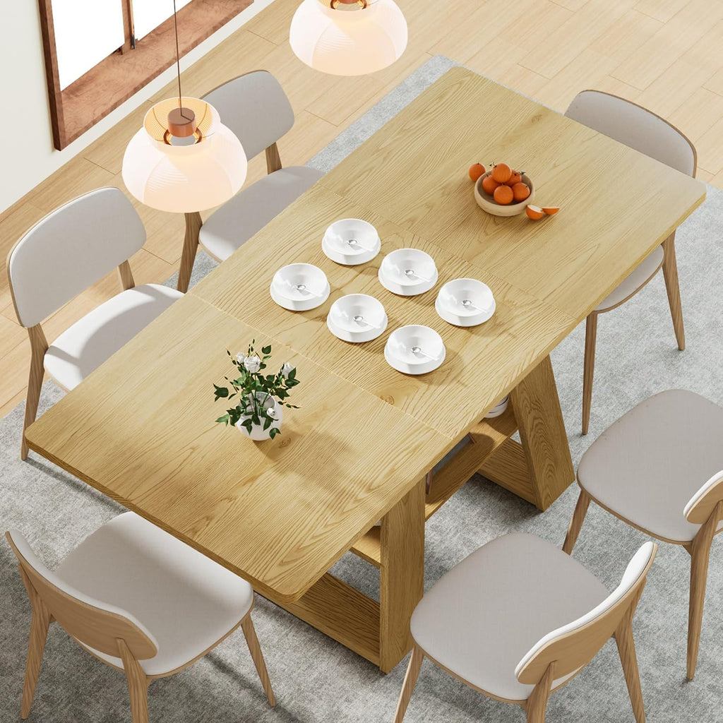 Lxsxlome 47.24''-66.92'' Extendable Dining Room Table for 4-6, Rectangle Extendable Kitchen Table with Removable Leaves, Space Saving, Wooden Dining Table with Storage Shelf (Style 2, Wood Color)