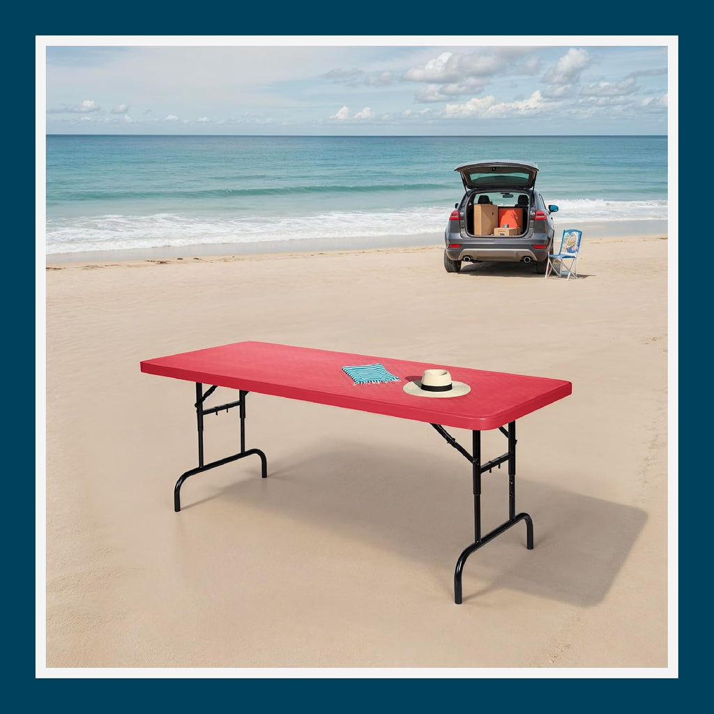 OEF Furnishings OEFBTA-3072-40 Adjustable-Height Commercial-Grade Premium Industrial Folding Table, 6-Foot Pedestal-Leg Design with 17-Gauge Steel Frame and Thick Double-Wall Top (72' × 30', Red Top)