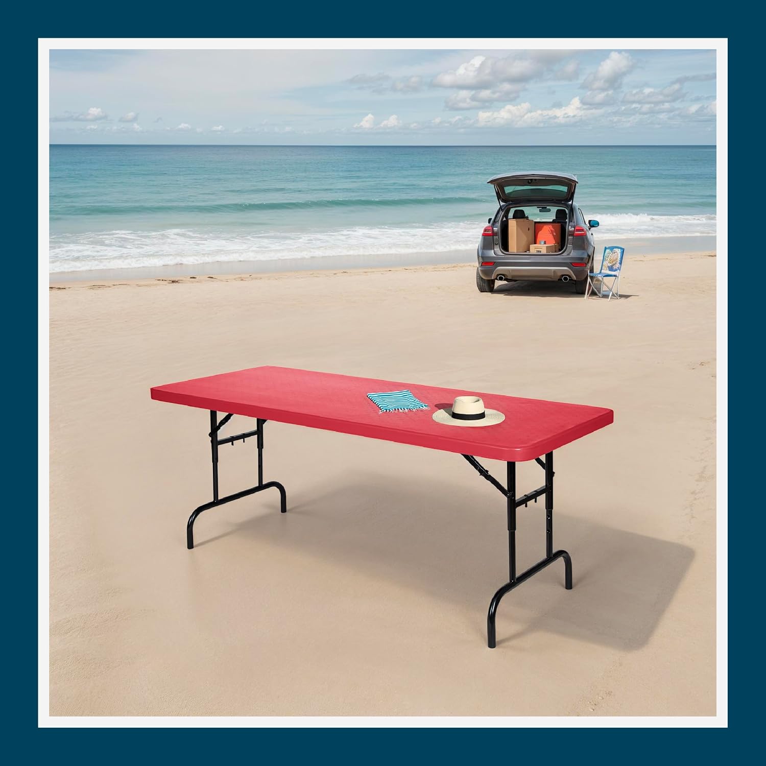 OEF Furnishings OEFBTA-3072-40 Adjustable-Height Commercial-Grade Premium Industrial Folding Table, 6-Foot Pedestal-Leg Design with 17-Gauge Steel Frame and Thick Double-Wall Top (72' × 30', Red Top)