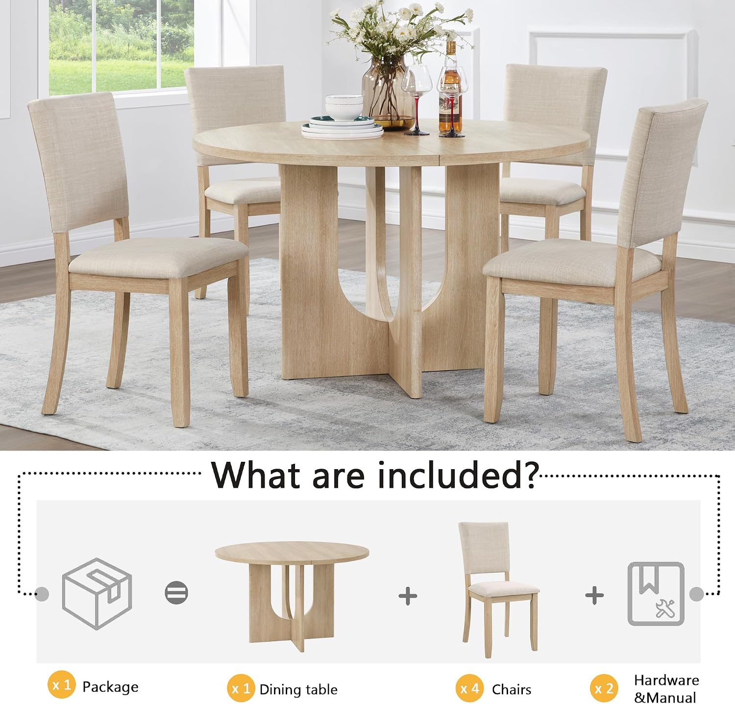 KEIKI 5-Piece Standard Height Dining Table Set with Round Table and 4 Upholstered Curved Backrset Chair, for 4 Person, Modern Style Wooden Table Set, Easy Assembly, for Kitchen, Dining Room, Beige