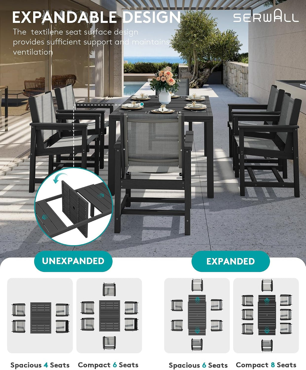 SERWALL Outdoor Dining Chairs Set of 2, All-Weather HDPE Patio Armless Chairs Suitable Outdoor Dining Table, Black