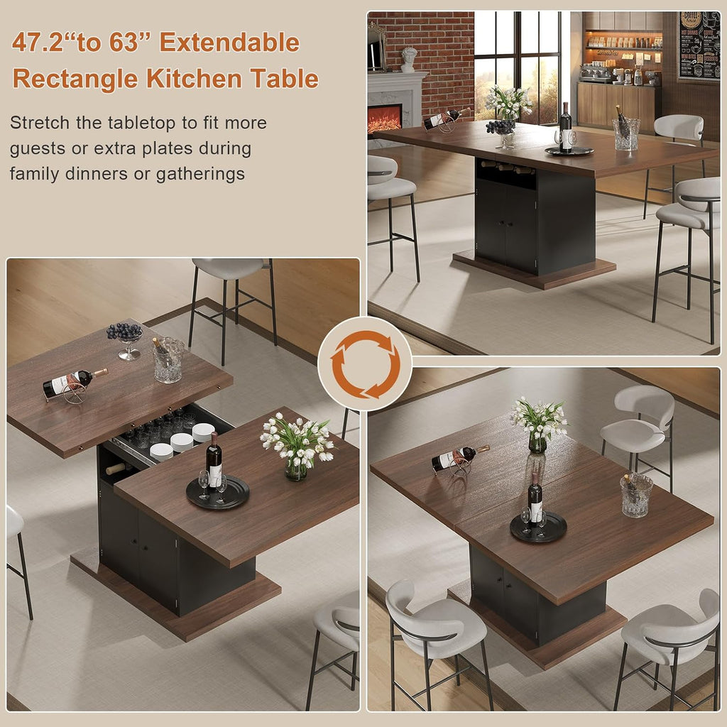 Extendable Dining Room Table for 4-6, 47-63 Inch Rectangle Kitchen Dining Table with Storage, Expandable Modern Rectangular Dinner Table for Kitchen, Dining Room, Black & Walnut
