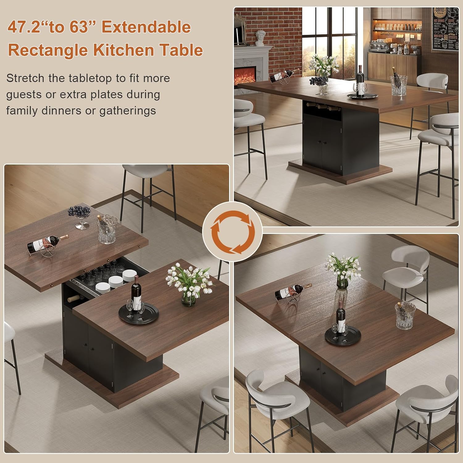 Extendable Dining Room Table for 4-6, 47-63 Inch Rectangle Kitchen Dining Table with Storage, Expandable Modern Rectangular Dinner Table for Kitchen, Dining Room, Black & Walnut