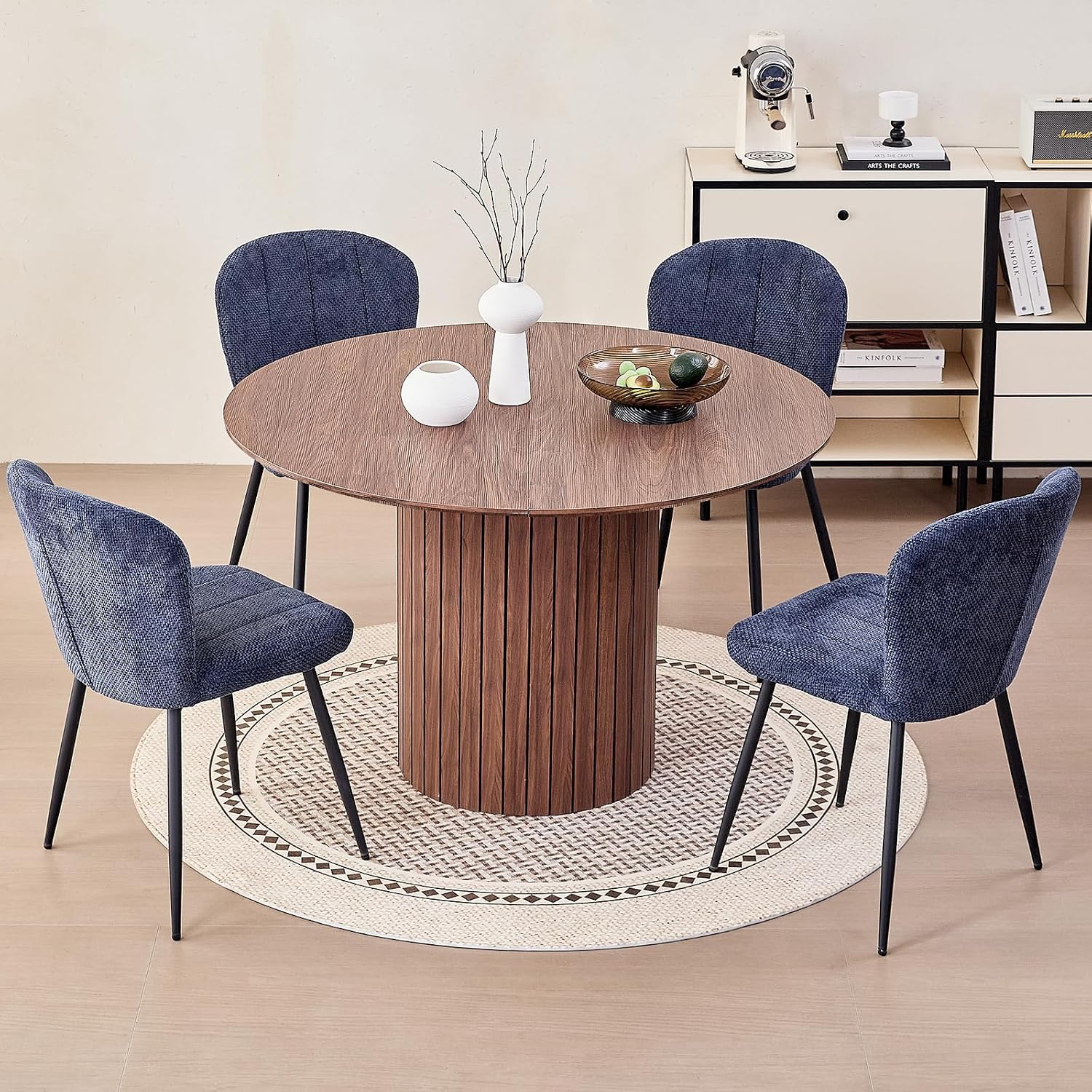 47' Round Dining Table for 4, Farmhouse Kitchen Table [Chamfered Edge Tabletop] Circle Pedestal Dinner Table, φ47.2'x29.5'H, Brown